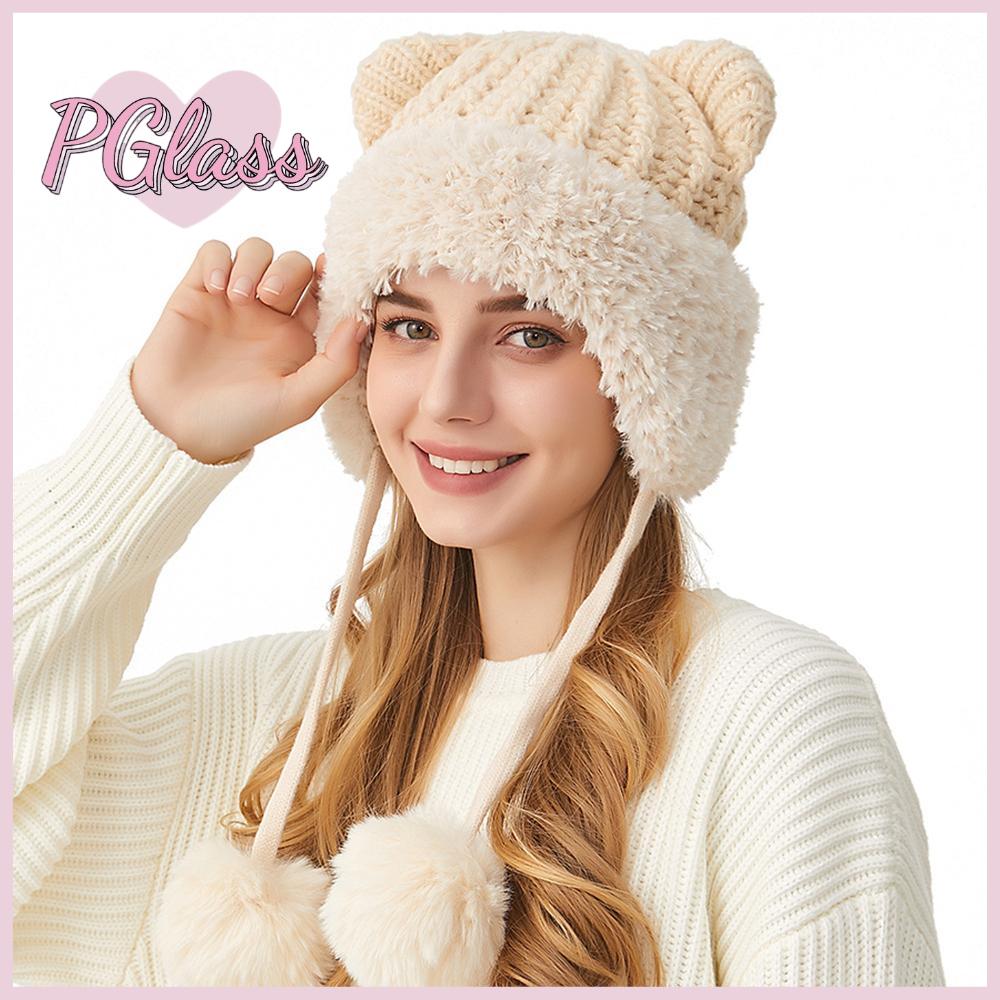 PETIGLASS Cat Ears Knitted Beanies Thickened Fleece-Lined Warm Ski Hat Casual Windproof Women's Ear Protection Knit Hat