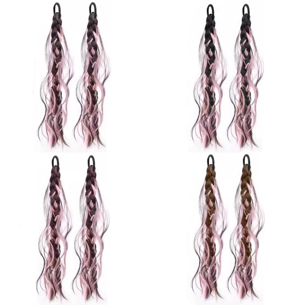 XUEWENQIAN 2Pcs Lộn xộn Tóc Giả bện màu hồng nổi bật Bím tóc đôi Dài Tóc đuôi ngựa Ngọt ngào Hip hop Đuôi ngựa nối dài nhiều màu Nữ/Nữ
