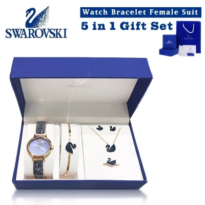 Swarovski Women Watch 5 In 1 Swan Crystalline Watch Bracelet Necklace Ring Earrings Female Gift Set Gift Suit
