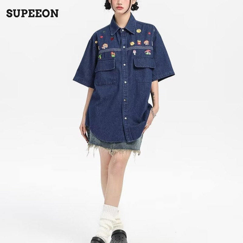 SUPEEON Men s shirt retro washed old denim new cartoon embroidery loose