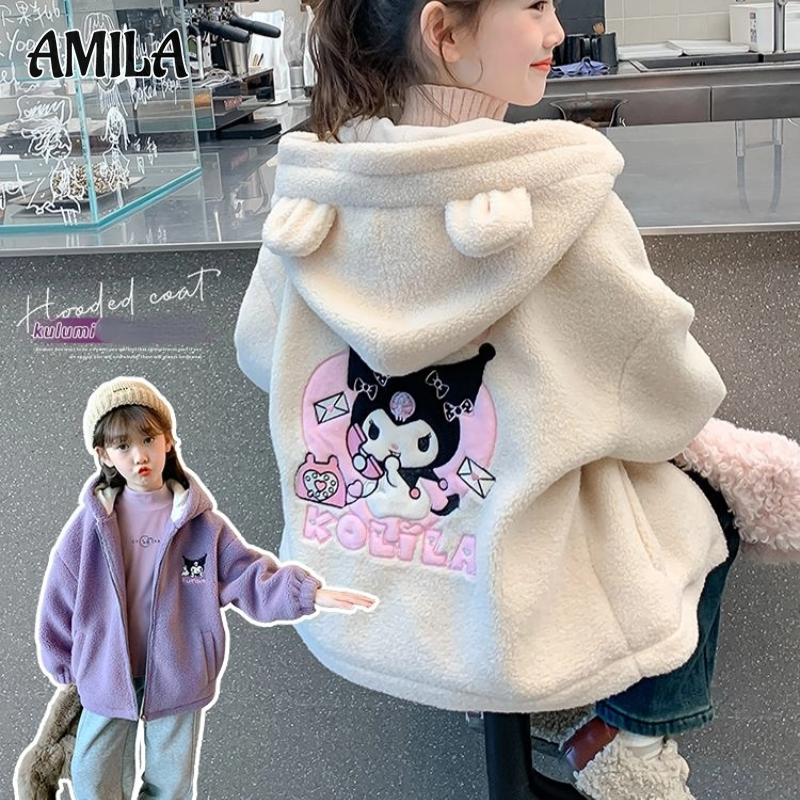  AMILA Áo Khoác Jacket Lông cừu áo khoác trẻ em có mũ trùm đầu hoạt hình dễ thương cho bé gái Áo len bé gái mùa đông mới phù hợp với chiều cao 110-160cm mềm mại thoải mái và ấm áp 