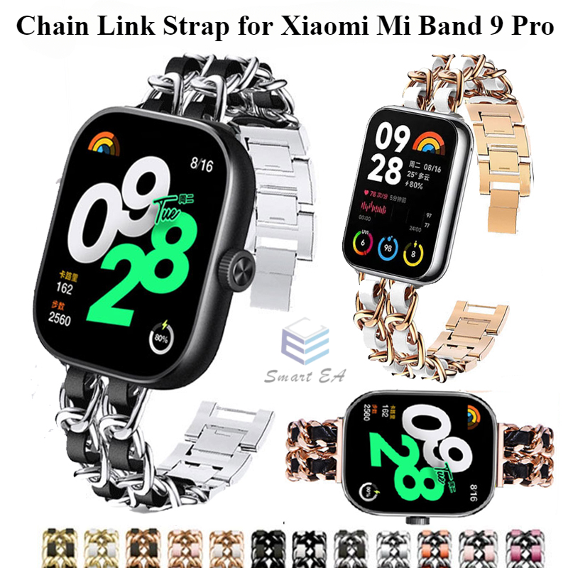 Chain Link Strap for Xiaomi Mi Band 9 Pro 9Pro / Xiaomi Mi Band 8 Pro 8Pro / Xiaomi Redmi Watch 4 Smartwatch Bracelet Metal+Leather Watchband for Xiaomi Smart Band9 Pro Xiaomi Smart Band8 Pro Women Men Wristband Replacement Bracelet Accessories Harga 21 Ringgit*Penghantaran Percuma