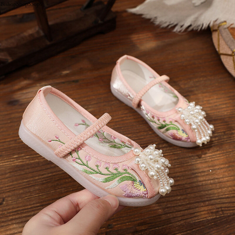 Embroidery Pearl Beaded Dance Traditional Kids Cloth Shoes Princes Tang Hanfu Ballet Flats For Girls Bishopshop55op9-Cb