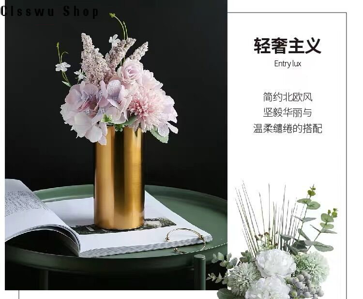 European-style cylindrical metal electroplated vase ornaments living room model room golden iron flower arrangement light luxury soft decoration