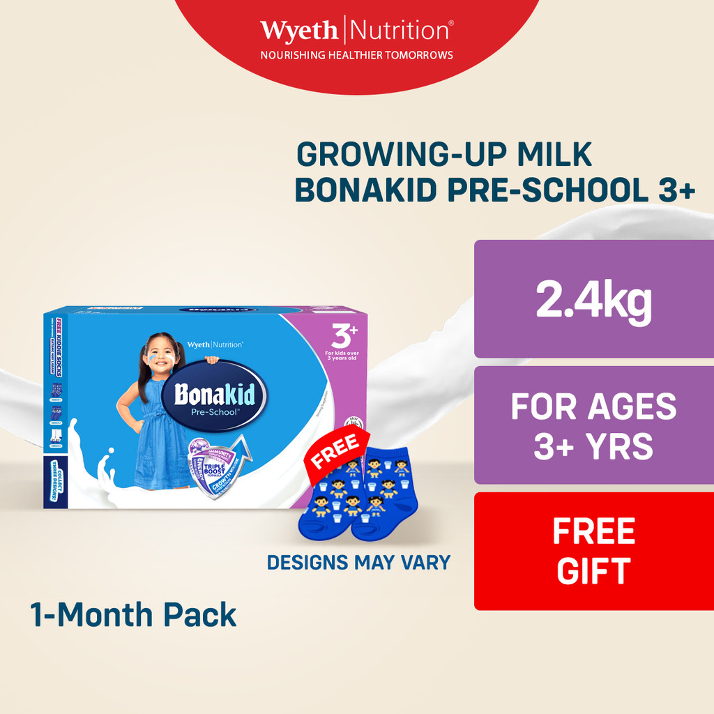 BONAKID PRE-SCHOOL 3+ Growing-Up Milk Powder for 3+ Years Old 2.4kg + FREE Grip Socks