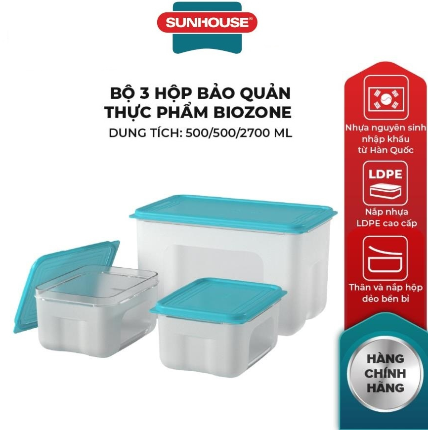 Bộ 3 hộp bảo quản thực phẩm biozone sunhouse kb-st3p01 2700 ml 500 ml