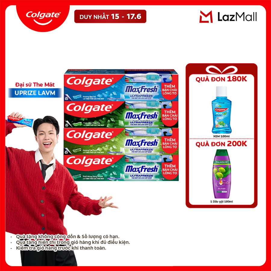 Bộ sưu tập 4 kem đánh răng Colgate Maxfresh 225g (Tặng bàn chải lông tơ)