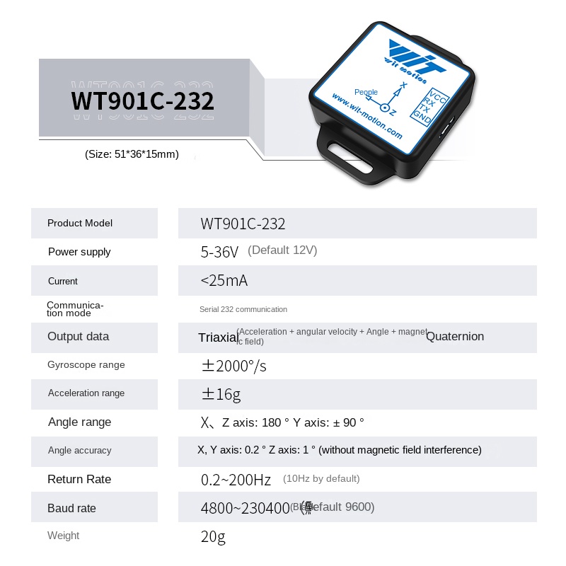 Cảm Biến Đo Nghiêng WIT WT901C-232 RS232 Modbus RTU 9 / 3 Trục Góc Nghiêng Gia Tốc MEMS Tự Động Hóa Công Nghiệp IoT WitMotion