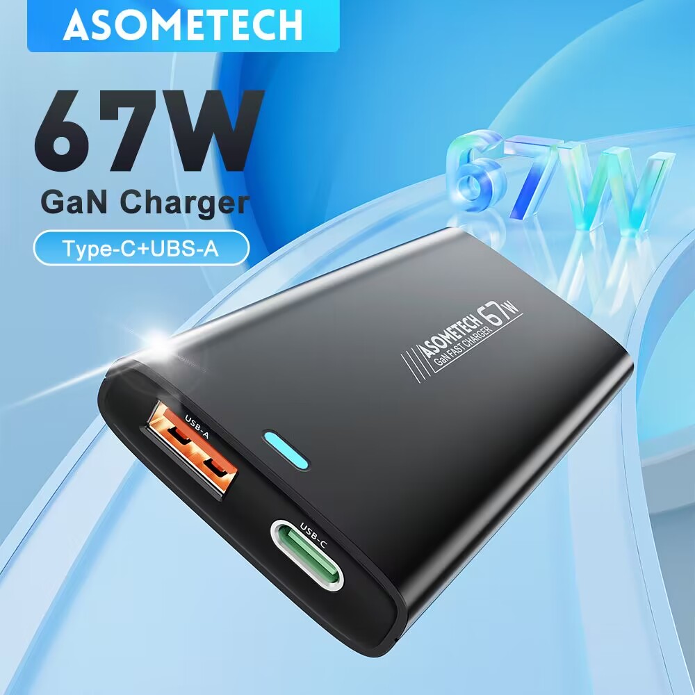 {hot} ASOMETECH GaN 67W USB C Fast Charger PD 3.0 QC 3.0 Type C Portable Travel Charger For Phone 14
