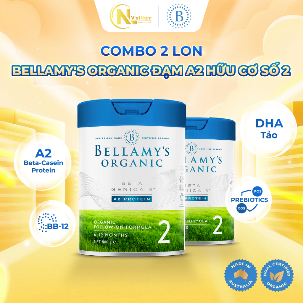 (Kèm quà) Combo 2 lon Sữa Hữu Cơ Bellamy's Organic A2 Số 2 800g