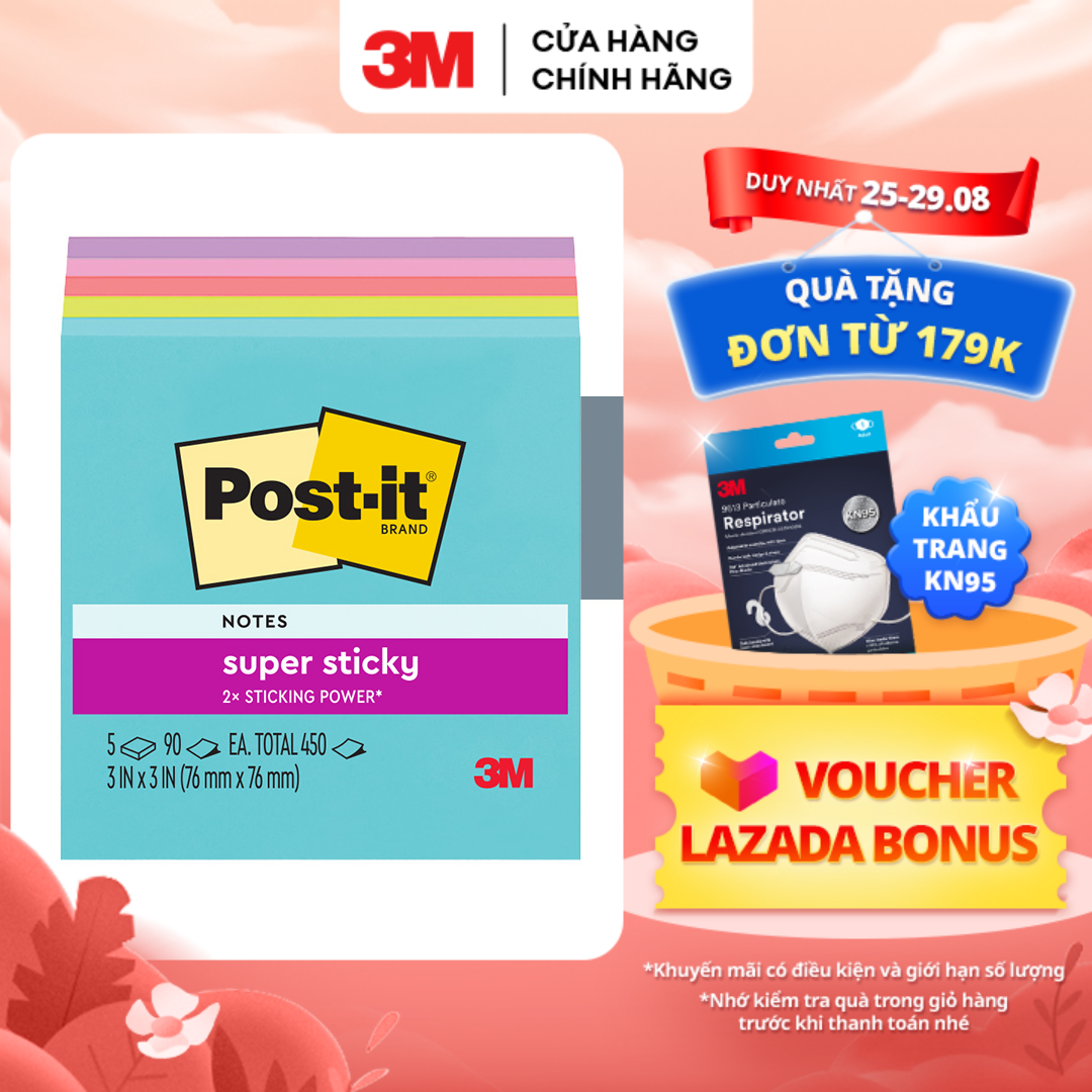 Combo 4 xấp Giấy ghi chú 3M™ Post-it®, màu ngẫu nhiên, 50 tờ/xấp, 7.6x7.6cm, màu neon, Dùng trong công việc và học tập
