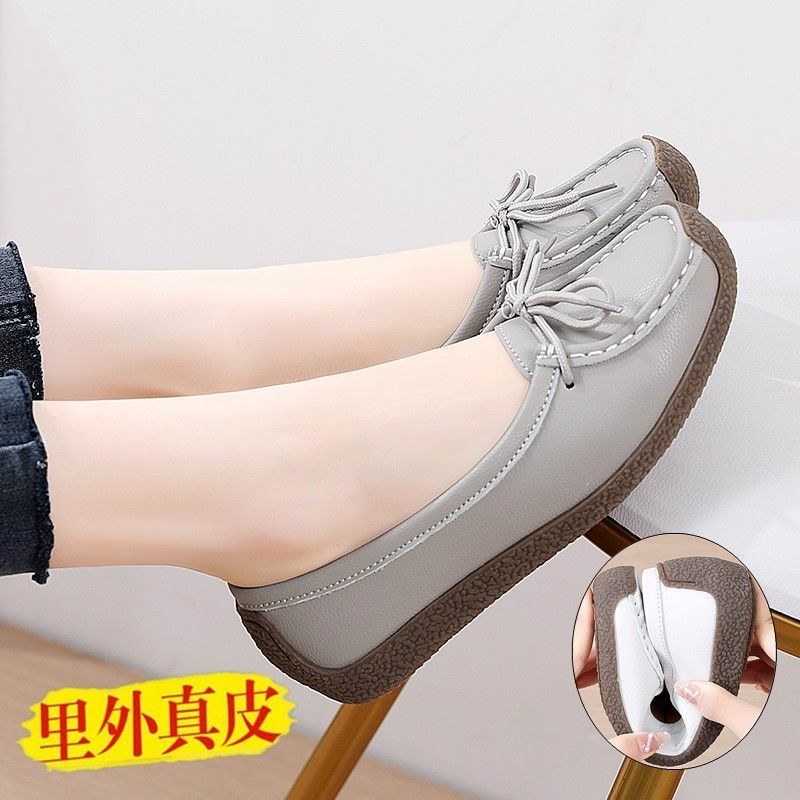 wtMei Genuine Leather Doudou Shoes Women Beef Tendon Sole Single Shoes One Pedal Mother Shoes Casual Flat Shoes