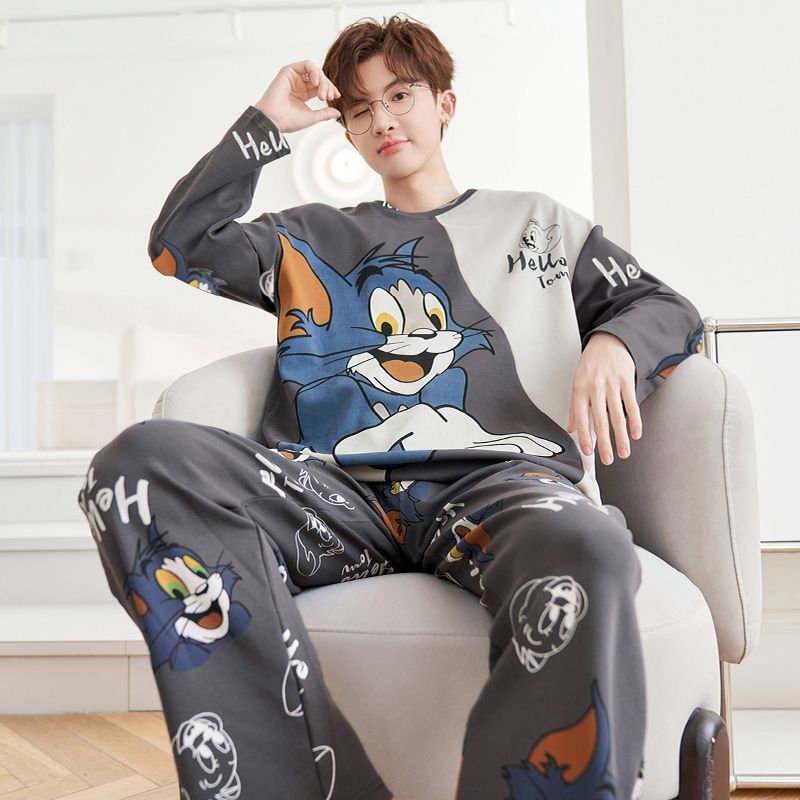 1 bộ đồ ngủ cho nam phong cách Hàn Quốc dáng rộng dài tay in hình phim hoạt hình Áo sơ mi đồ ngủ + cỡ lỡn quần dài quần áo ngủ