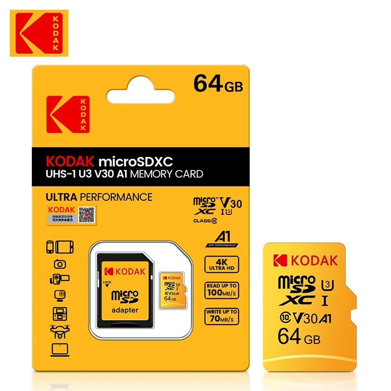 100% Gốc Kodak thẻ Micro SD 64GB Tốc Độ Cao 64GB Bộ Nhớ Thẻ U3 A1 V30 Class 10 SD Thẻ TF 64GB Cho Bộ Chuyển Đổi