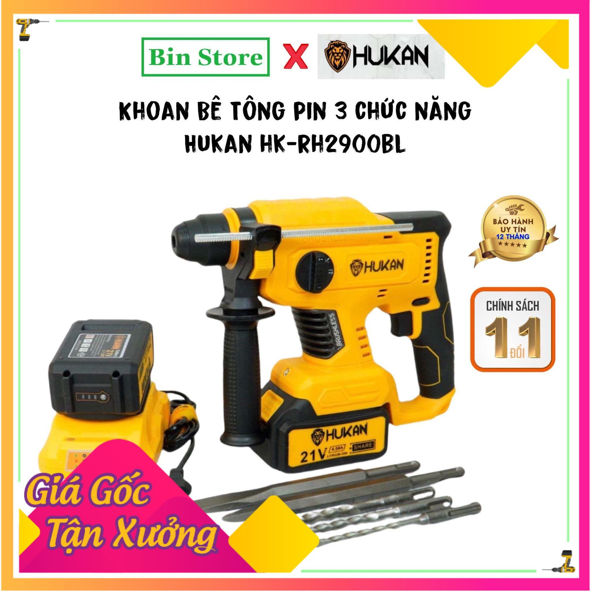 Máy khoan bê tông pin ba chức năng HUKAN HK-RH2900BL dùng chân pin Makita - Tản Nhiệt tốt - Pin trâu