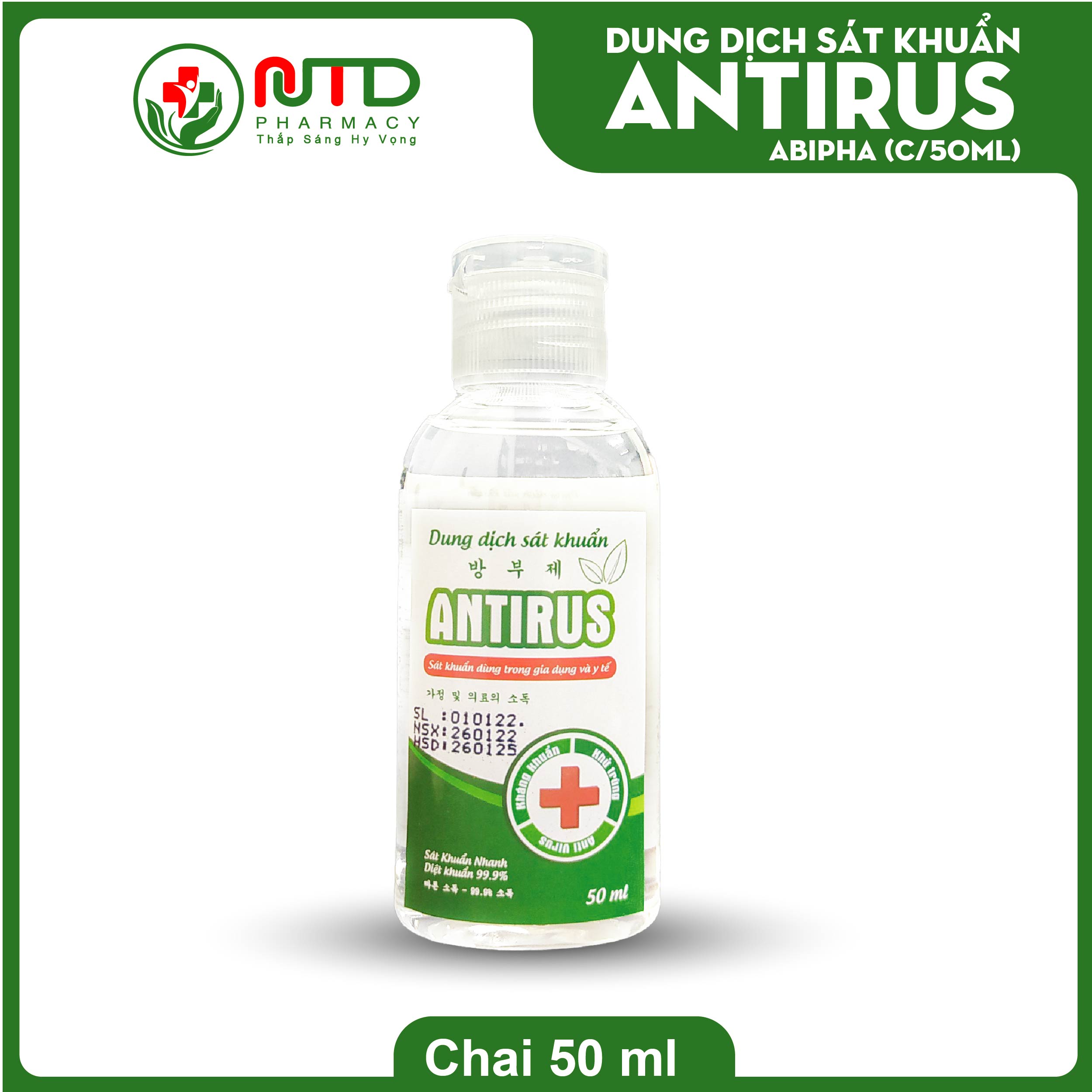 Dung dịch cồn sát khuẩn Antirus hương sả chanh 50 ml