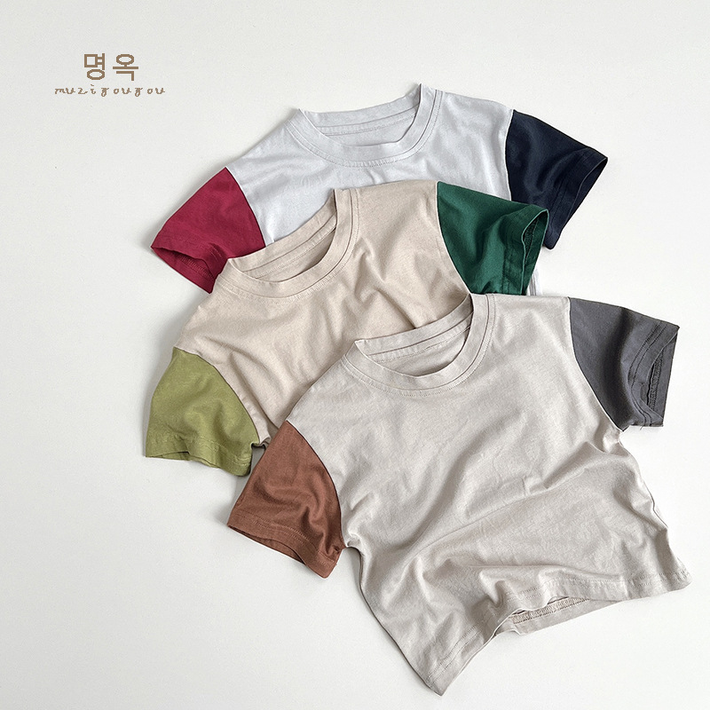 Contrast color pure cotton short sleeved T-shirt for boys and girls Korean summer children's clothing 325599KTN