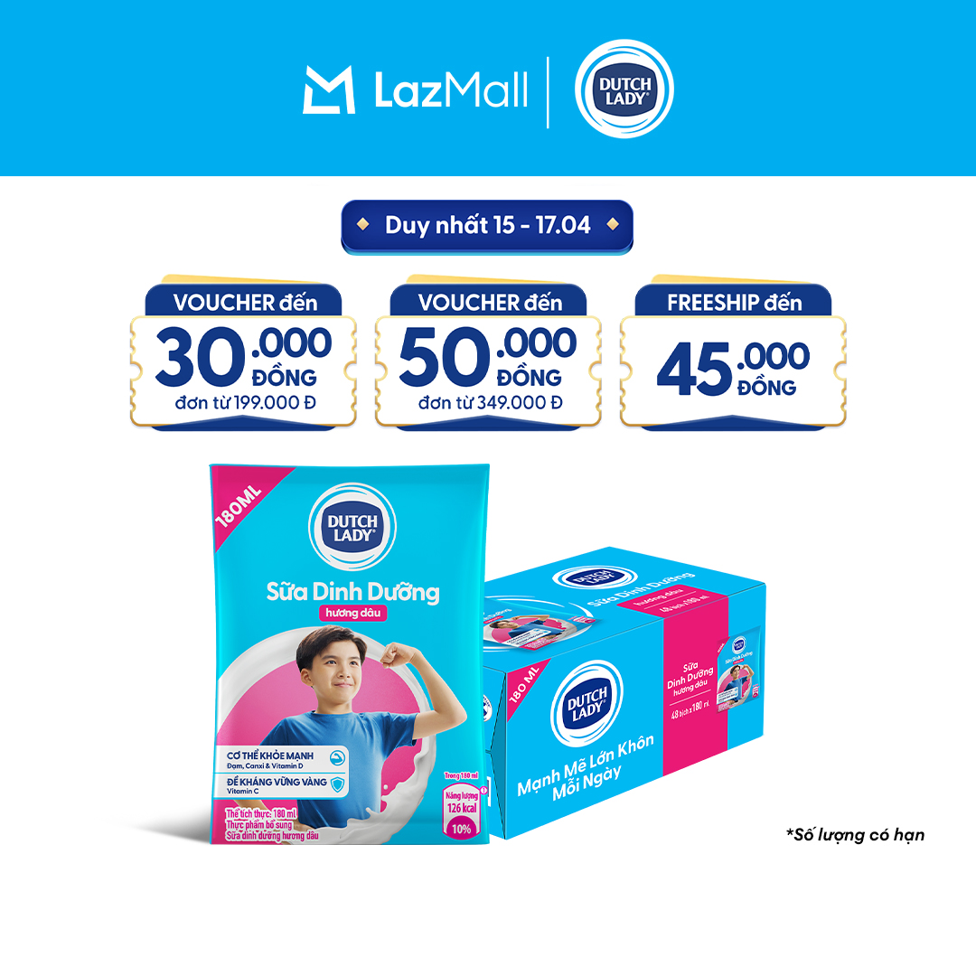 Thùng 48 Bịch Sữa Dinh Dưỡng Dutch Lady Cô Gái Hà Lan Hương Dâu 180ml
