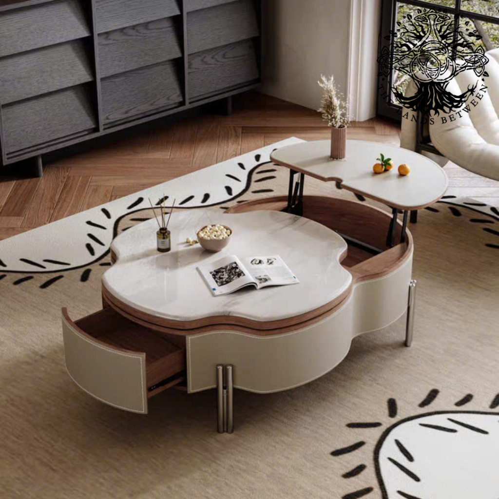 Bàn trà sofa, bàn phòng khách, bàn cafe nhập khẩu Wabi sabi Lucky verneer hộp đá hoa xoay, ngăn mở