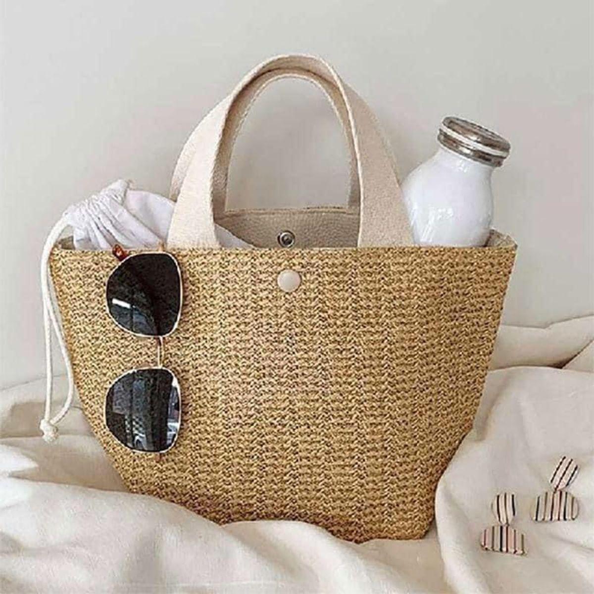 Túi xách cói cầm Tay vintaget quai màu đen quai màu trắng Cho Nữ Bag
