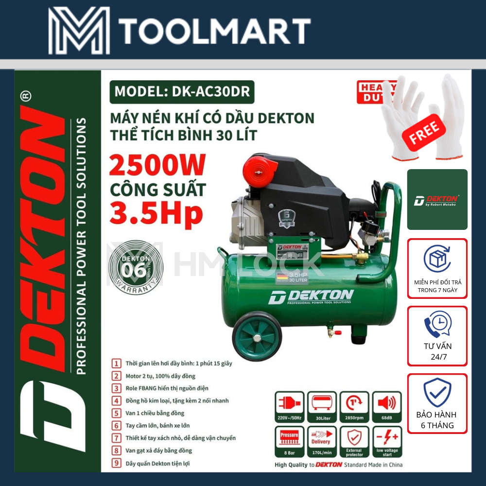 MÁY NÉN KHÍ CÓ DẦU 30L DEKTON 3.5HP / 2500W - HÀNG CHÍNH HÃNG - DK-AC30DR
