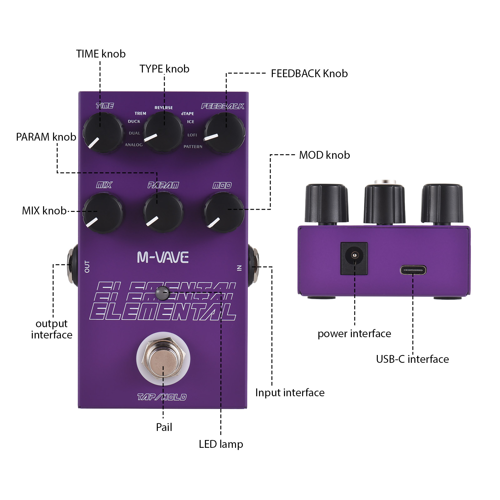{UU61} M-VAVE ELEMENTAL Delay Guitar Effects Pedal TIME/9 Delay Effects Type/FEEDBACK/MIX/PARAM/MOD 