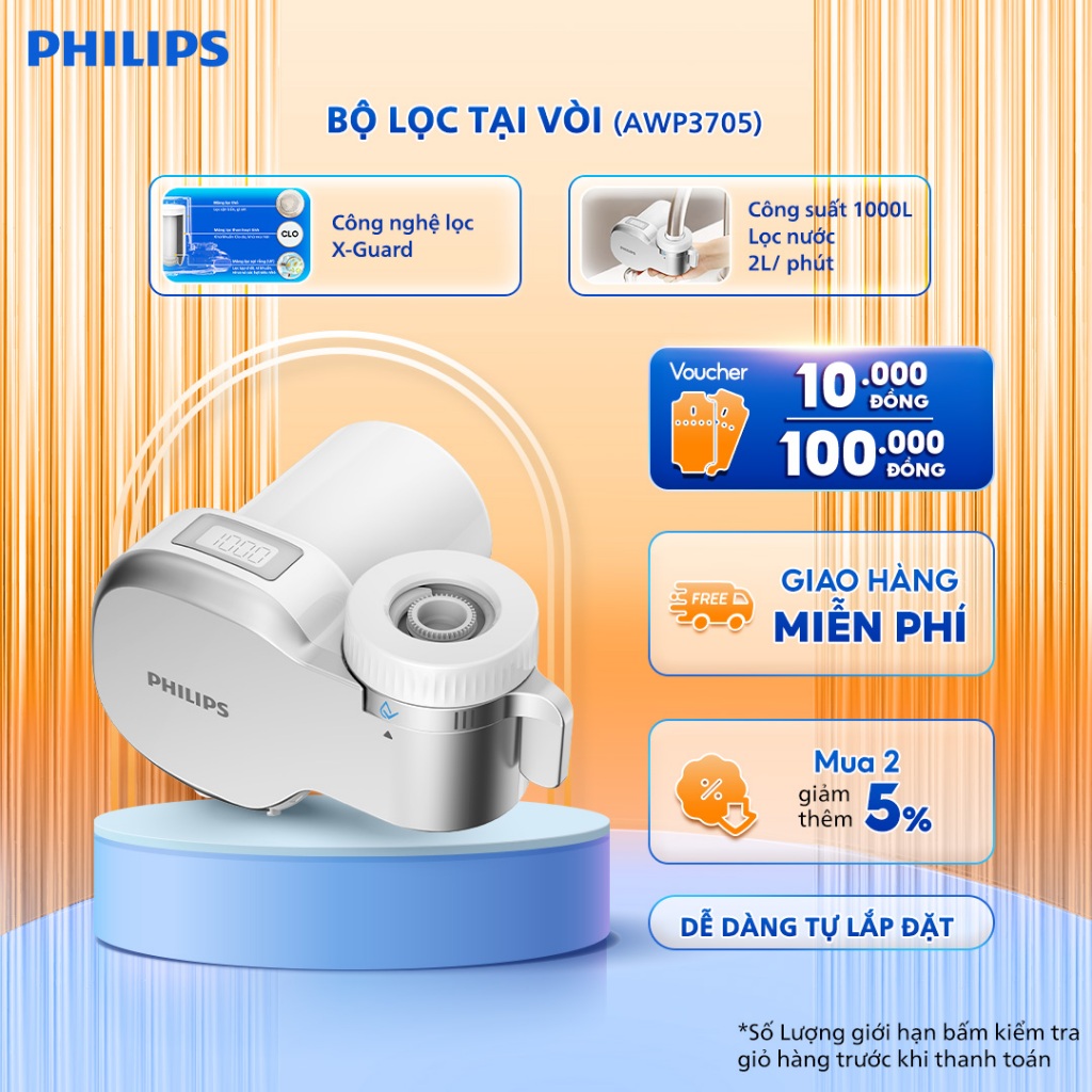 Bộ thiết bị lọc nước tại vòi Philips AWP3705 - 03 chế độ nước, màn hình hiển thị điện tử đếm lượng nước