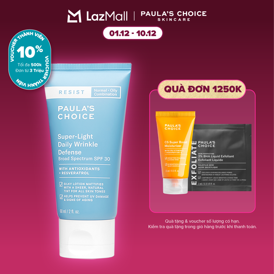  Kem chống nắng dưỡng ẩm đa năng siêu nhẹ không bết dính Paula’s Choice Resist Super - Light Daily Wrinkle Defense SPF 30 - 7760 