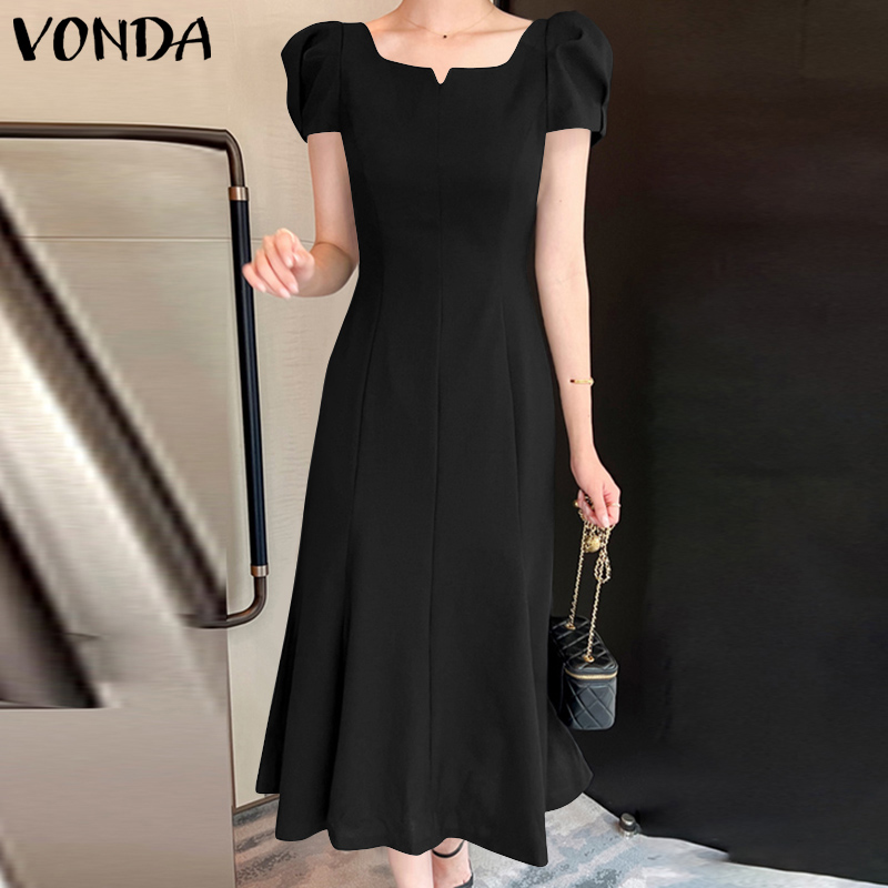 VONDA Womens Elegant Square Collar Puff SleevesWork OL Short Sleeved Solid