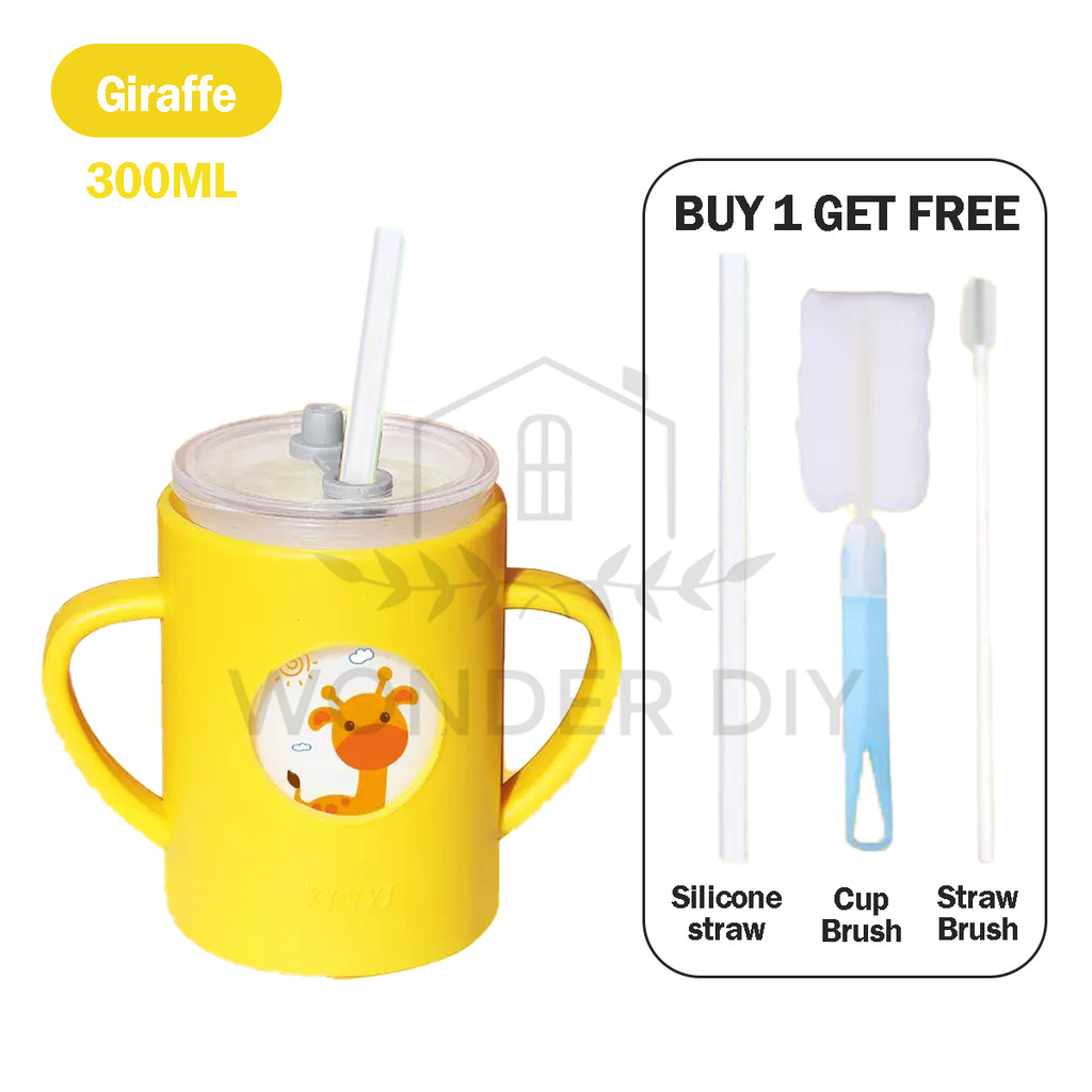 Wonderbaby👼 Baby Silicone Cover Glass Drinking Cup Milk Mug | Kids Training Learning Cup Straw | Cawan Air Kanak-Kanak