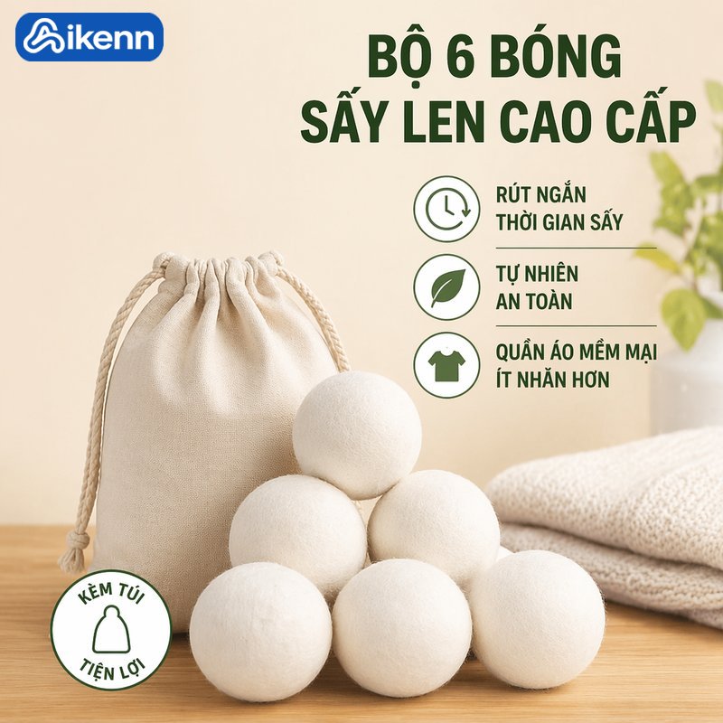 Aikenn Bóng sấy len cừu bộ 6 quả drying ball tái sử dụng mềm vải chống tĩnh điện giảm nhăn rút ngắn thời gian sấy kèm túi vải