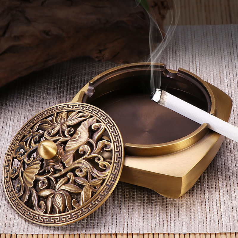 Pure Copper Ashtray With Lid Creative Personalized Ashtray Home Living Room Office Large Light Luxury New Chinese Style Ornaments