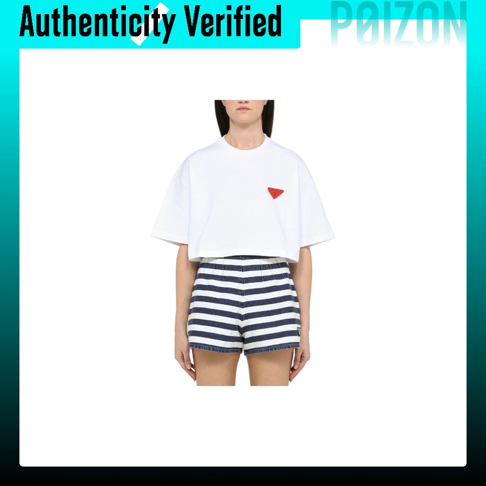 เสื้อผ้าแฟชั่นผู้หญิง Prada เสื้อครอปผู้หญิง คอกลม สีขาว Moderate 3560A-10UP-F0009-S-212