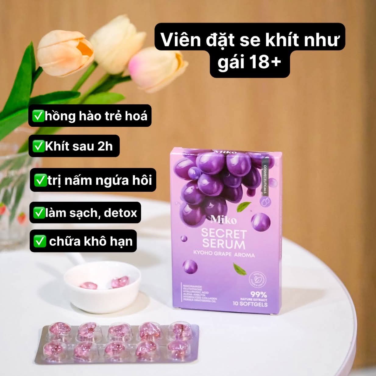 (Tặng nc hoa vkin) Viên Đặt Phụ Khoa Se Khít Miko Secret hộp 10 viên Hương Nho