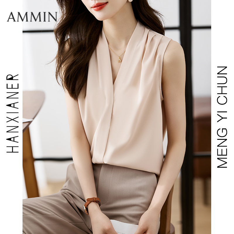 AMMIN 2025 Summer New French Style V-neck Pullover Sleeveless off-the-Shoulder Vest Women's Korean Style Simple Solid Color Outerwear Professional Elegant Blouse ราคา 324 บาท*ส่งฟรี