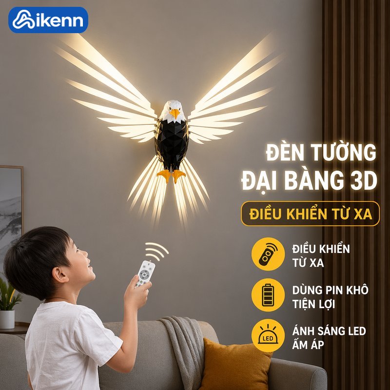 Aikenn đèn tường 3d hình đại bàng đèn led trang trí điều khiển từ xa không dây treo tường phòng khách phòng ngủ quà tặng decor