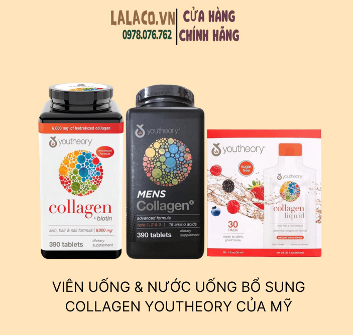 Viên uống & nước uống bổ sung collagen women & men Youtheory của Mỹ
