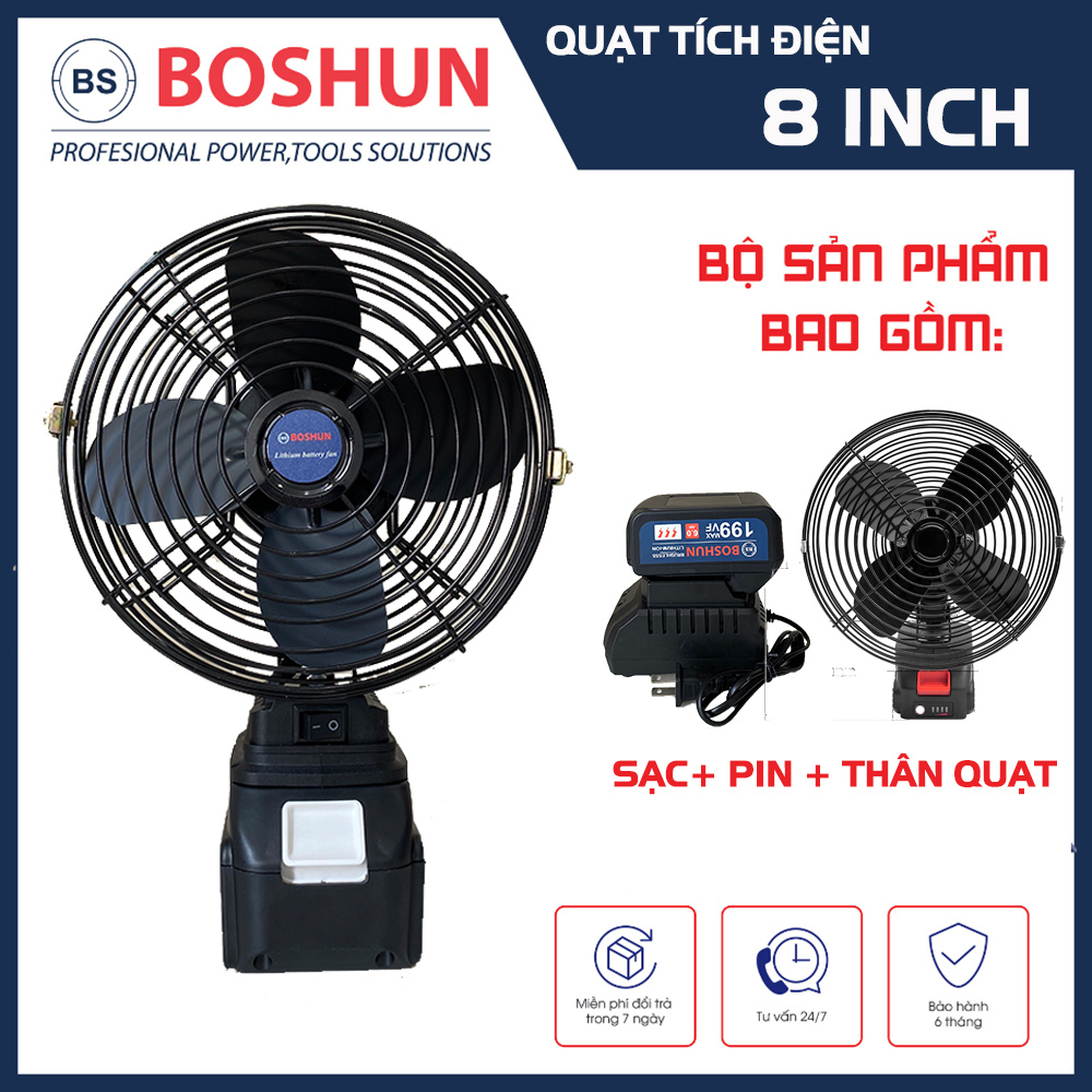 Quạt tích điện boshun 8 INCH chân pin Phổ Thông bảo hành 12 tháng