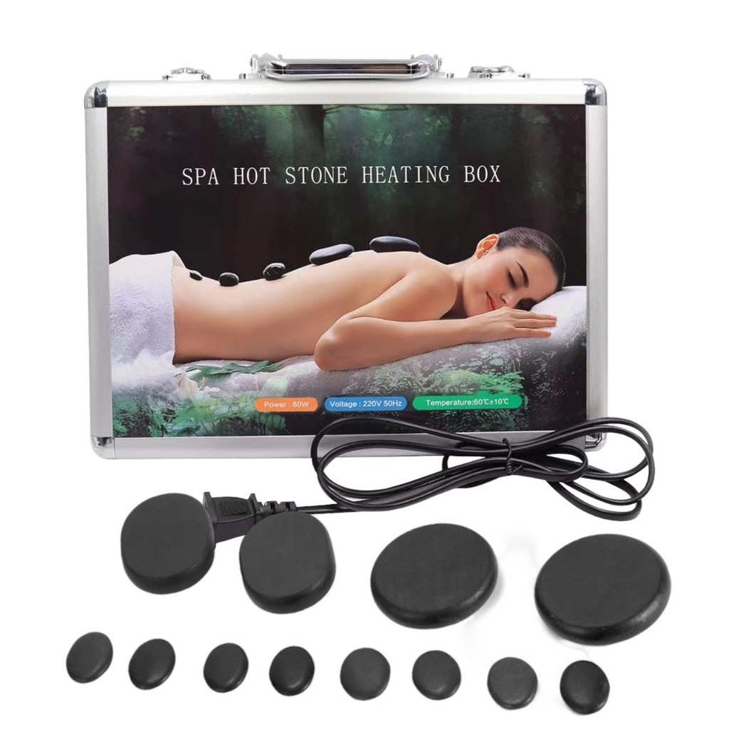 Hộp hấp đá nóng mát xa cắm điện kèm bộ 16 viên đá nóng cao cấp, đá nóng massage body spa dưỡng sinh