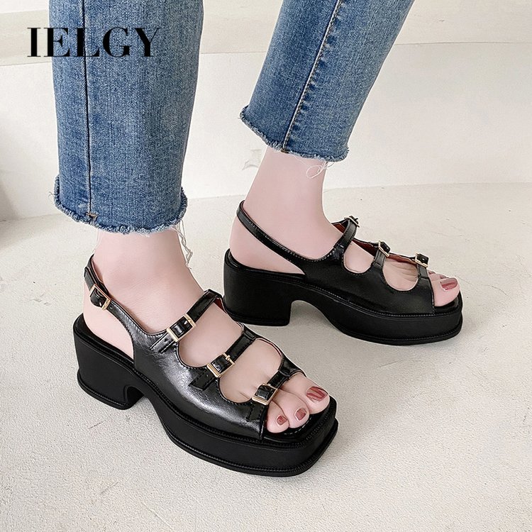 IELGY Roman sandals women's thick sole thick heel open toe buckle high heel sandals