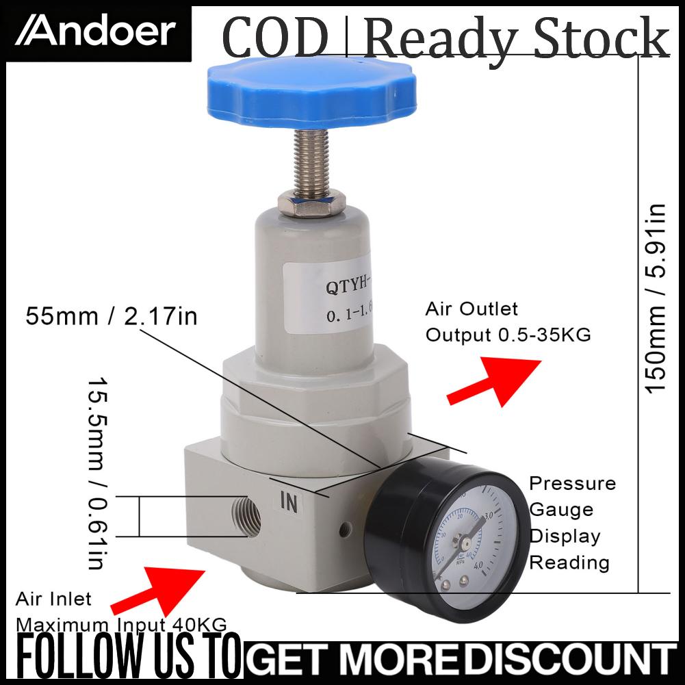 Andoer บรรเทาวาล์วปรับความดันอากาศอลูมิเนียมอัลลอยด์ได้ง่ายพร้อมเกจสำหรับเครื่องจักร ราคา 618 บาท*ส่งฟรี