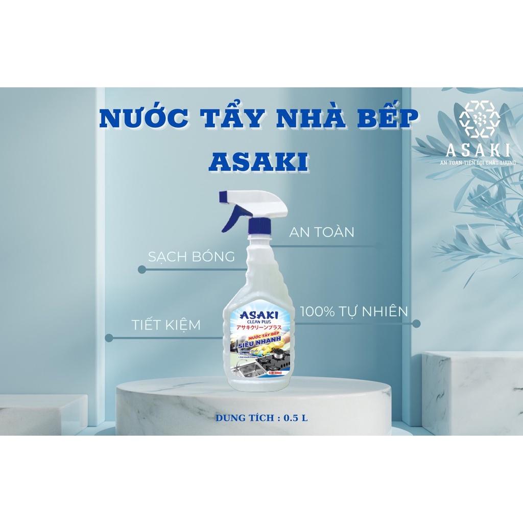 Combo 3 chai Nước Tẩy Rửa Nhà Bếp ASAKI Dung Tích 0,5L Tẩy dầu mỡ nhà bếp tẩy hút mùi, bếp ga, đáy nồi, đáy chảo