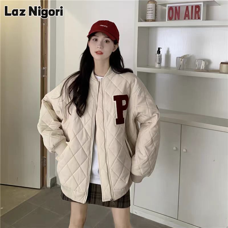 Lz nigori boutiqu mùa đông dày quá khổ Áo khoác bông bóng chày áo khoác bông nữ lỏng lẻo nhỏ linh hoạt họa tiết hình kim cương áo khoác Jacket bông hợp thời trang