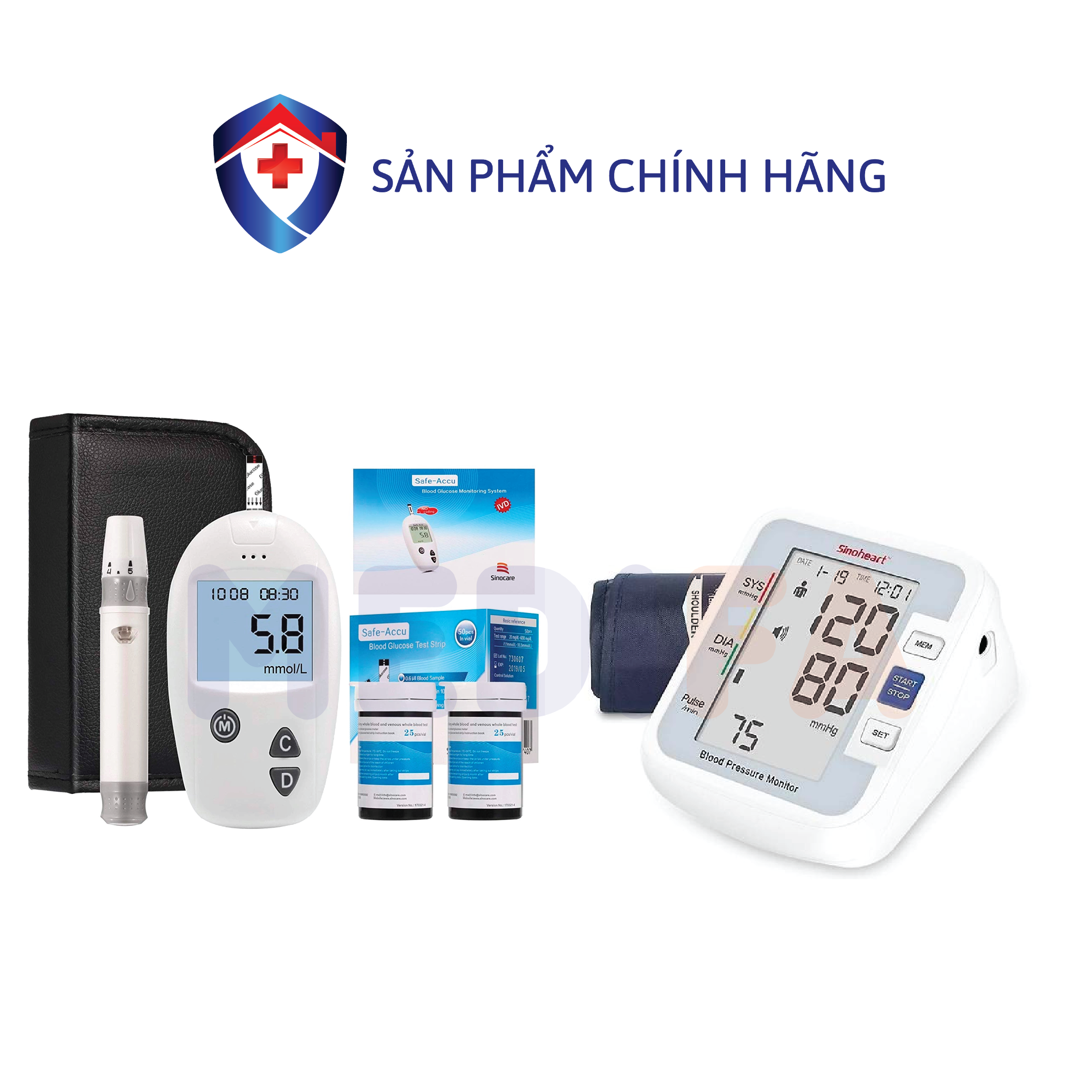 Bộ máy đo huyết áp Sinoheart và máy đo đường huyết Safe accu - Sinocare Đức
