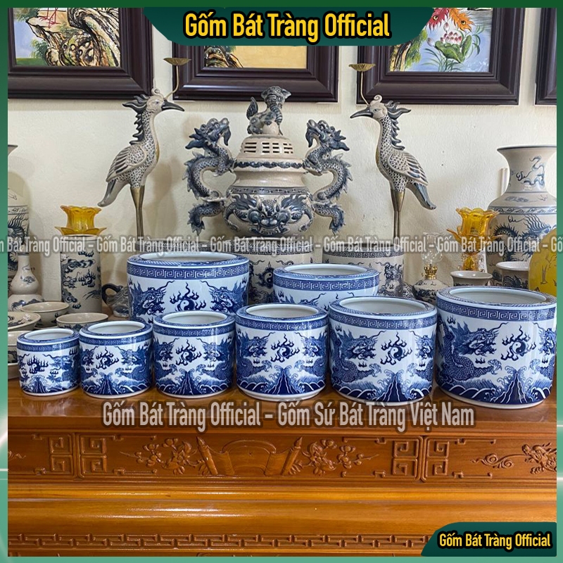 Bát hương Bát Tràng men trắng vẽ tay họa tiết rồng cao cấp, Bát nhang, Lư hương thờ cúng men lam