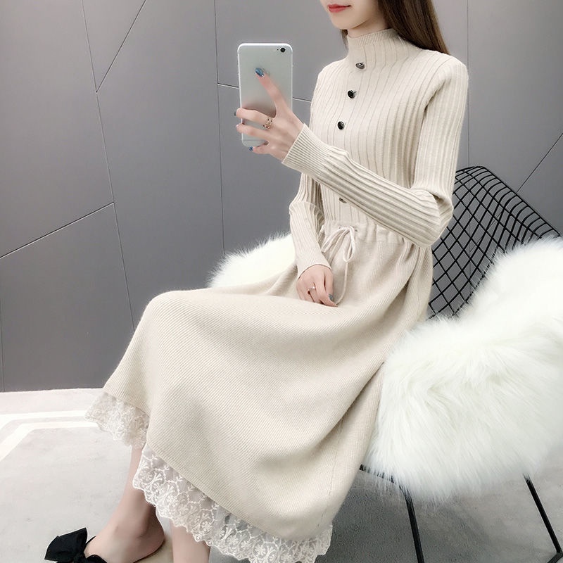LI[Spot Hot Sale] 2022 Thu đông ăn mặc vừa và dài đan áo len nữ Hàn Quốc phong cách đan áo len vòng cổ đan áo len đầm lỏng lẻo dài tay áo đan cardigan