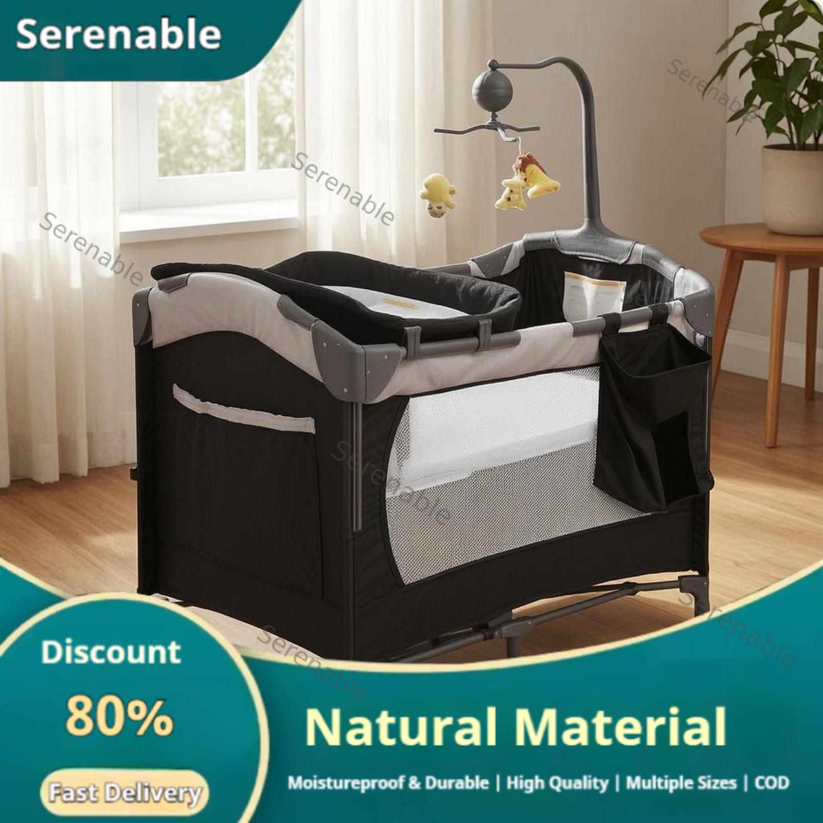Serenable Drop Side Foldable Baby Bed Portable Baby Bed with Wheels Wheeled Frame