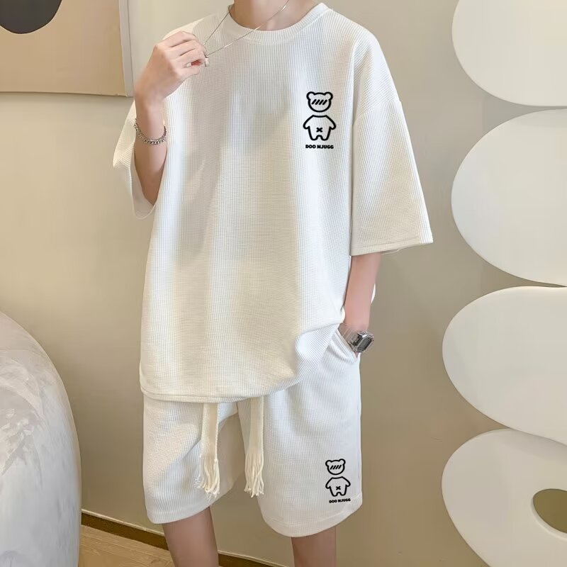 SINRANSINYA丨áo thun nam-Bộ vest nam ootd (áo phông ngắn tay + quần short) Bộ đồ Bánh quế Hàn Quốc mù