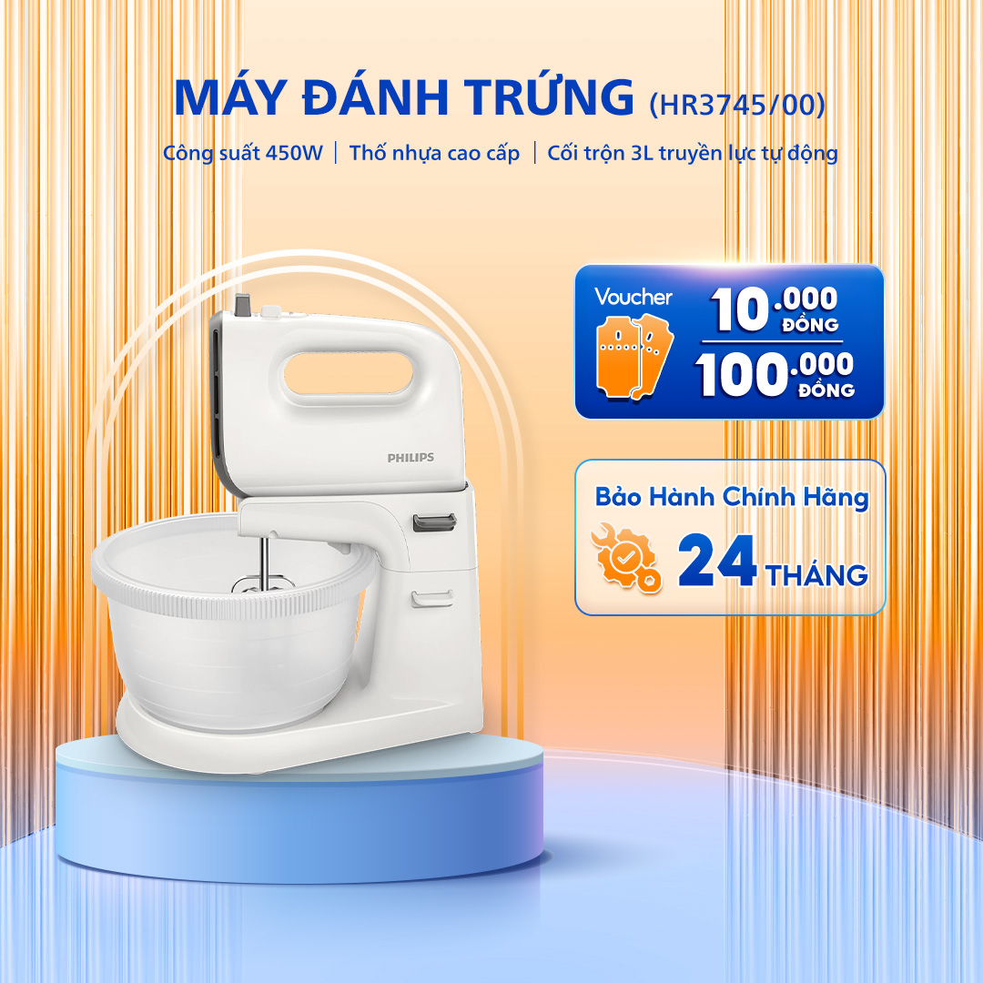 Máy Đánh Trứng, Máy Trộn Bột PHILIPS HR3745/00, Công Suất Cao 450 W, Bảo Hành Chính Hãng 24 Tháng