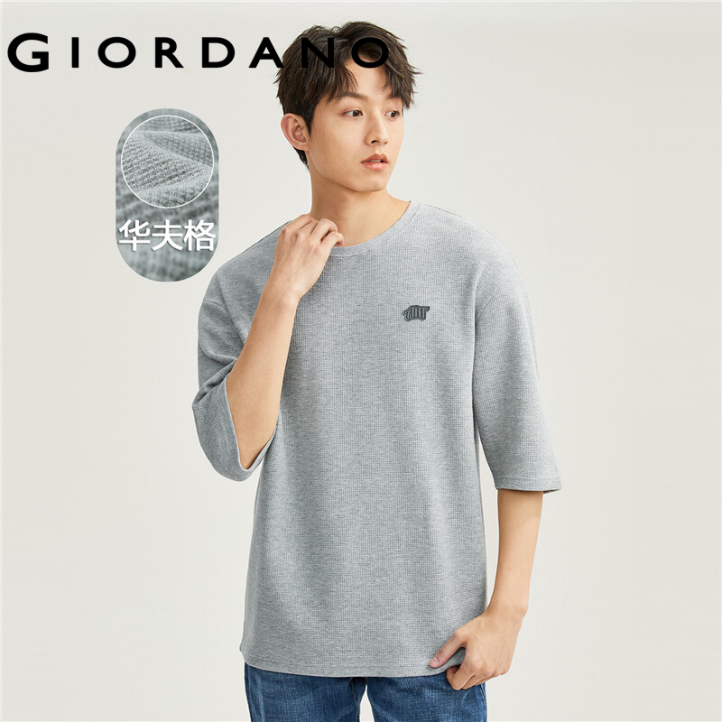 Giordano Men Letter badge 3/4 sleeve loose waffle tee Free Shipping 01023398